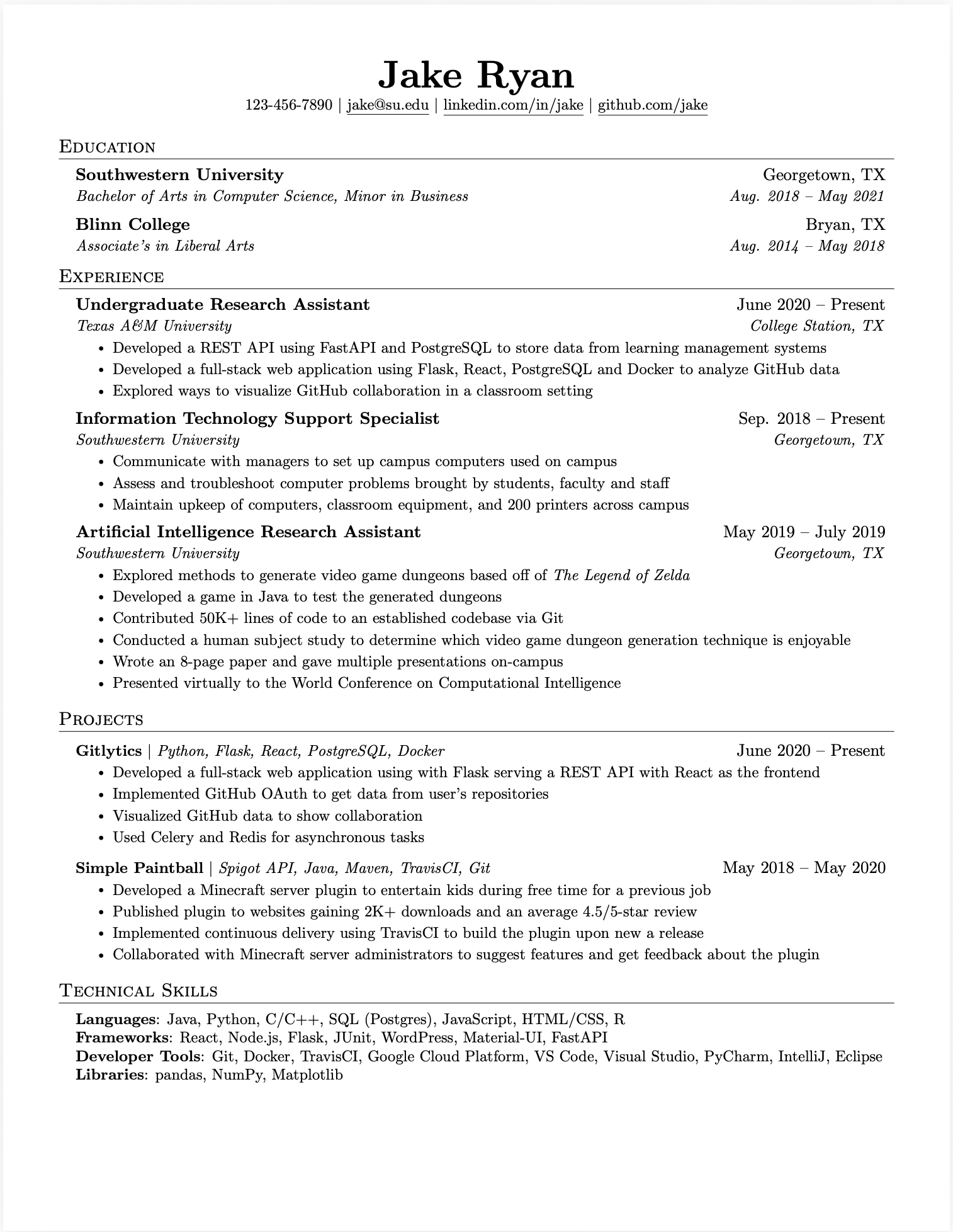 Jake's Resume Template Preview
